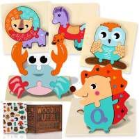Wooden puzzle Jigsaw puzzle children Montessori toy Macaron color shade 3D with buckles in animal shapes, early education for ch