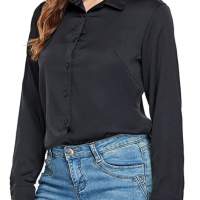 Sylanfia Camisas con botones de seda satinada para mujer Cuello en V Blusas de leopardo de manga larga Tops Oficina de trabajo i