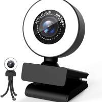 Webcam 1080P Full HD met microfoon en ringlicht, pc-webcamera met automatische lichtcorrectie, USB 2.0 plug & play voor streamin