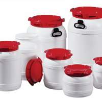 Wide-mouth barrel, white, lid, red, 68l, D.410xH.632mm, filling opening-D.282mm