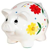 Piggy bank flower decoration with lock porcelain 18cm white 2-pack