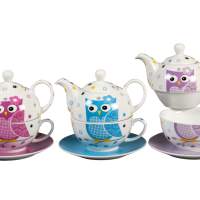 Tea set owl Tea4one porcelain assorted pink / purple / green or blue 3 pieces, 1 set
