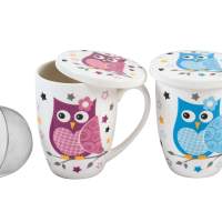Tea mug owl with lid+metal strainer set of 4